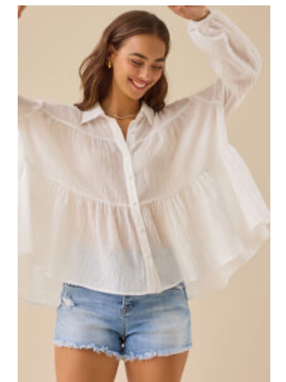 Altar'd State White Sheer Ruffle-Tiered Button Front Blouse